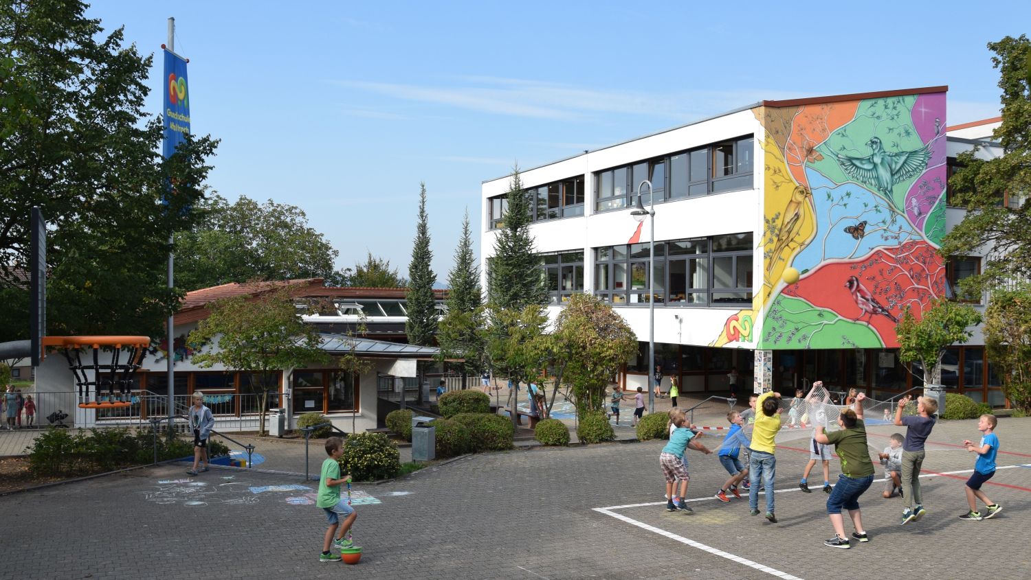 Foto vom Schulgelände mit spielenden Kindern